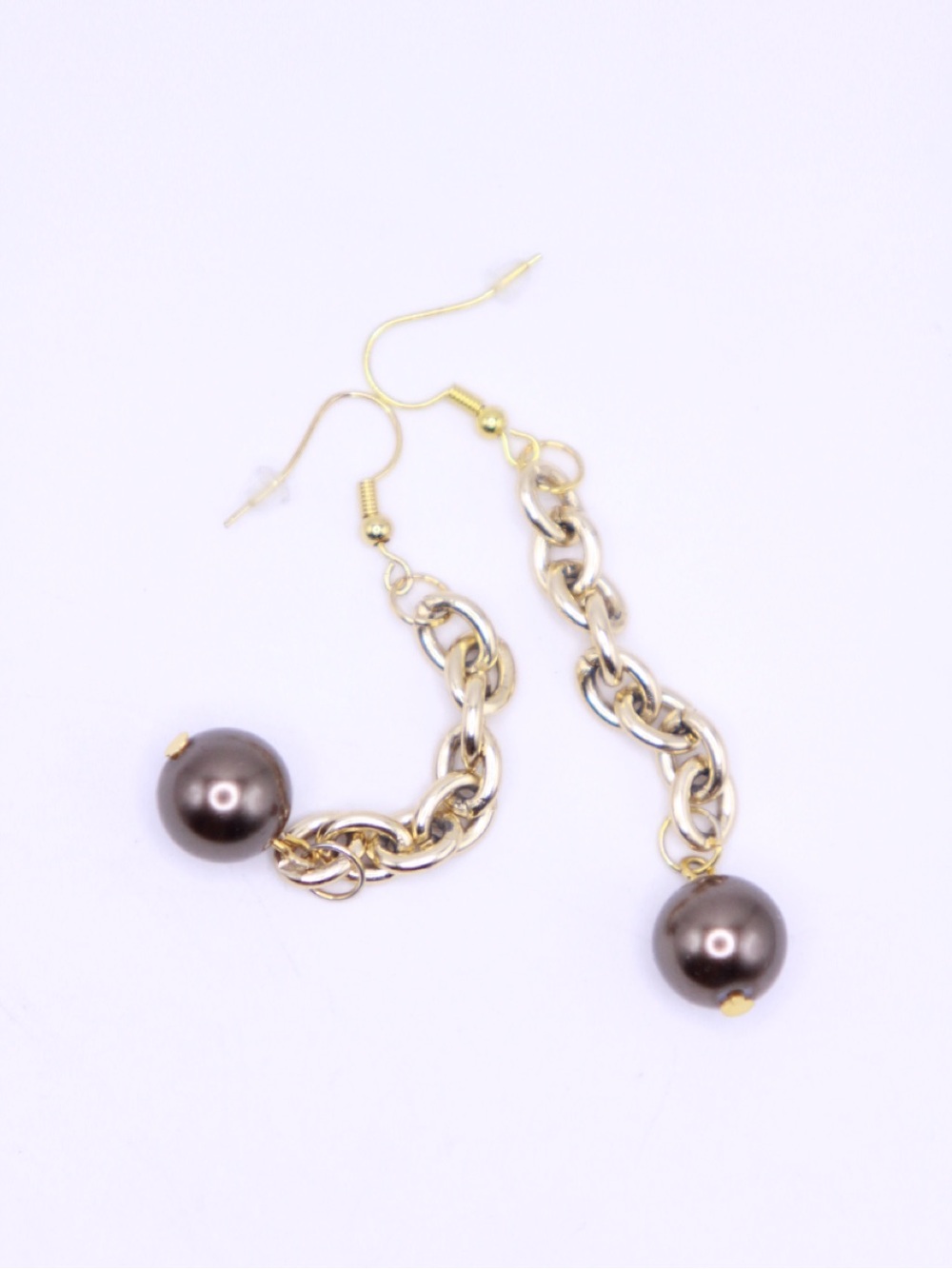 New Hypoallergenic Gold tone Chain Link Bronze Glass Faux Pearl Drop Earrings